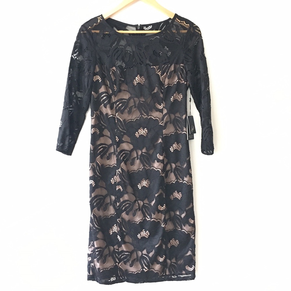 Adrianna Papell Black Lace Nude Lined 3/4 Sleeve Sheath Dress Size 4 Cocktail